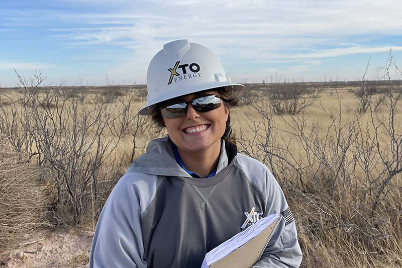 Mary Kegelman in hardhat and sunglasses